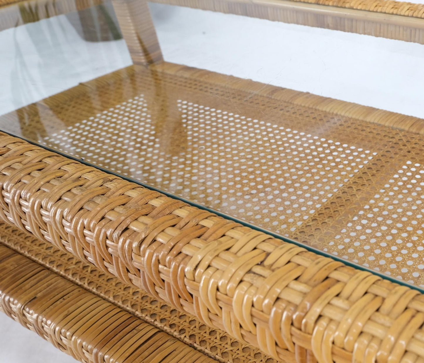 EstablishedLines Rectangle Rattan Cane Shelf Glass Top Mid-Century Modern Coffee Table Mint!