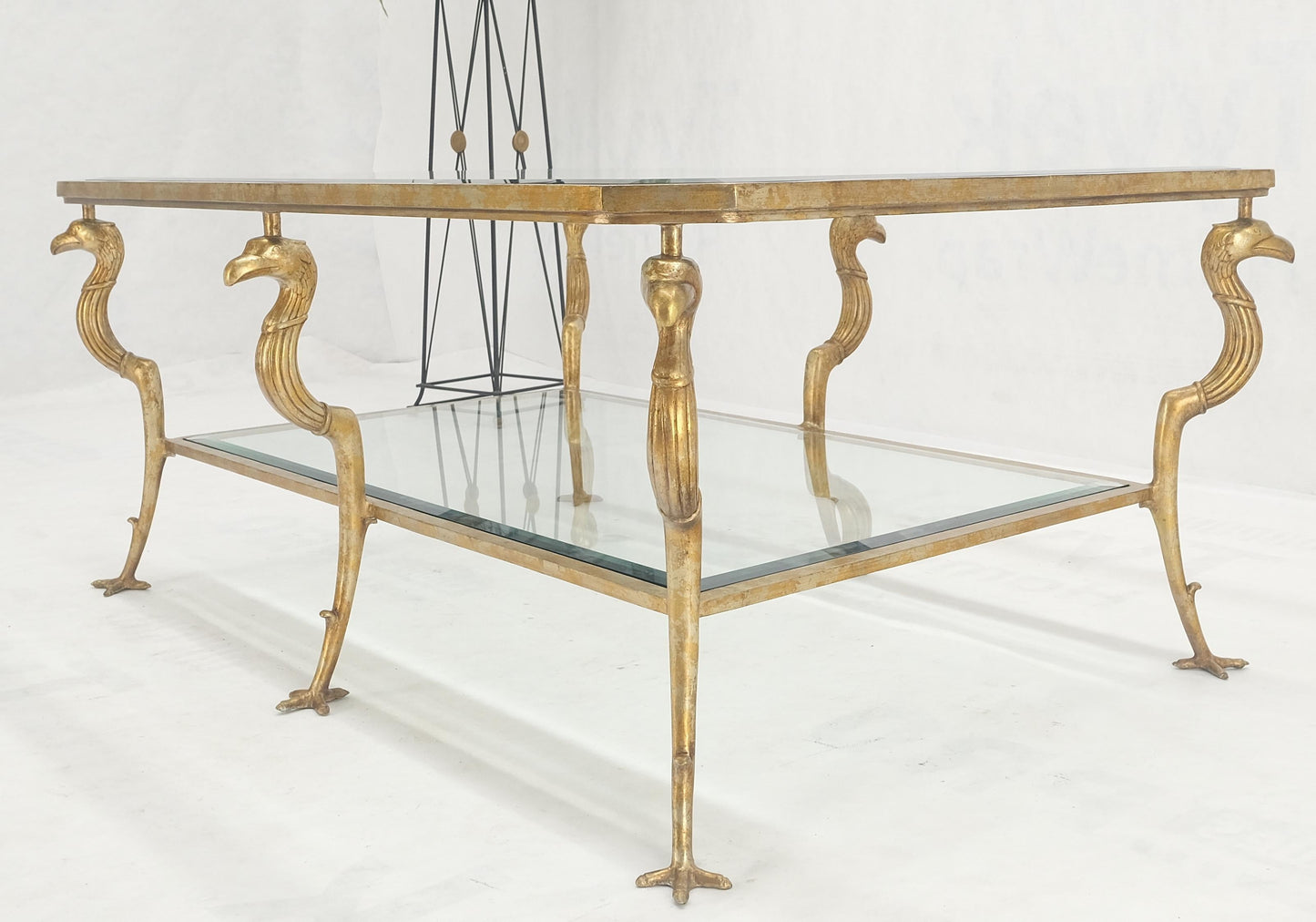 EstablishedLines Silver Gilt Metal Glass Top Two Tier Eagle & Claw Motive Rectangle Coffee Table