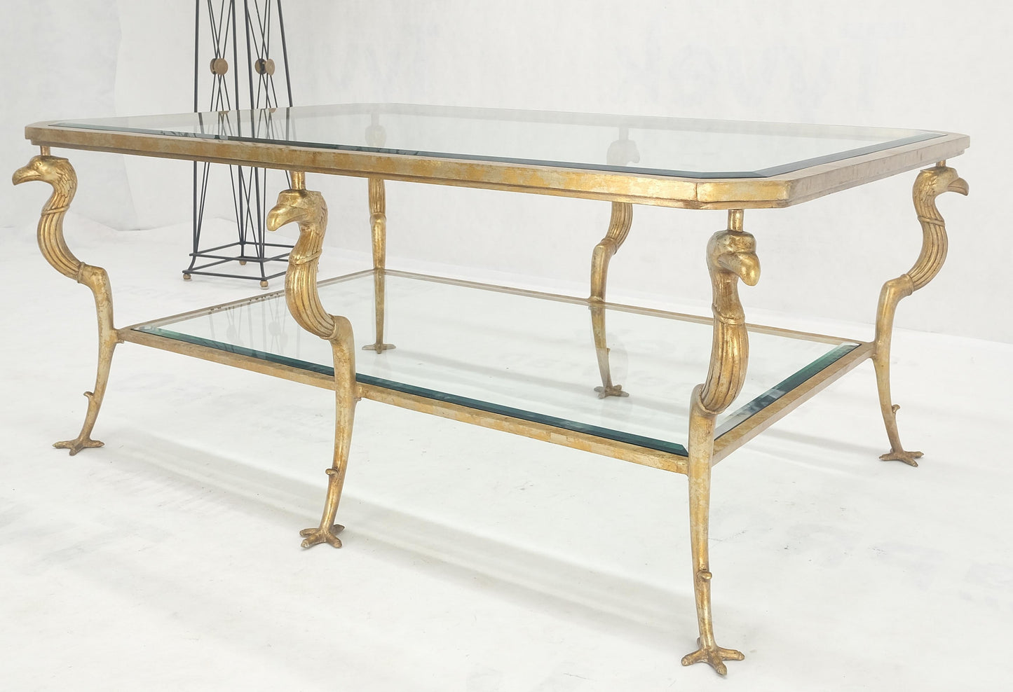 EstablishedLines Silver Gilt Metal Glass Top Two Tier Eagle & Claw Motive Rectangle Coffee Table
