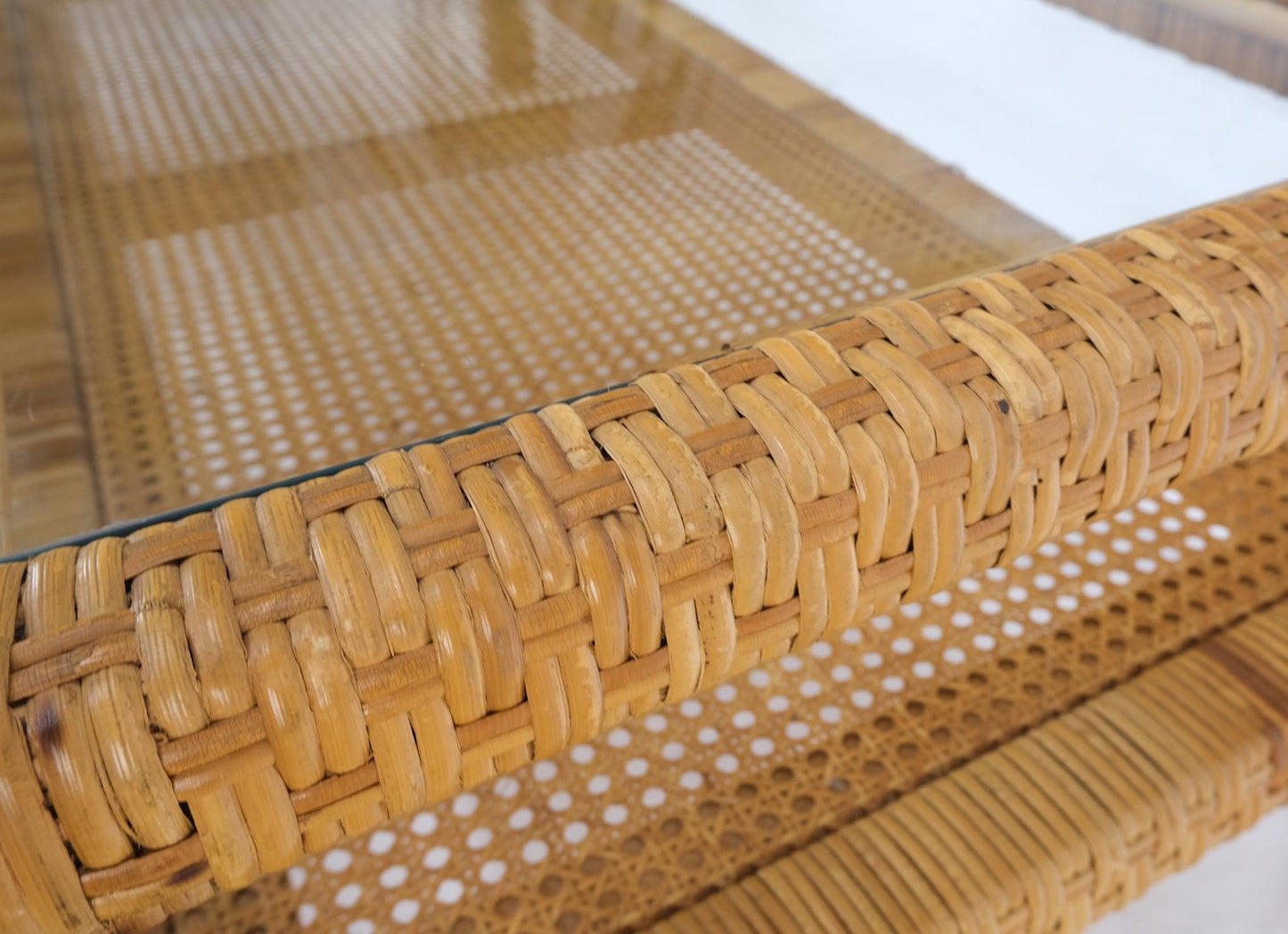 EstablishedLines Rectangle Rattan Cane Shelf Glass Top Mid-Century Modern Coffee Table Mint!