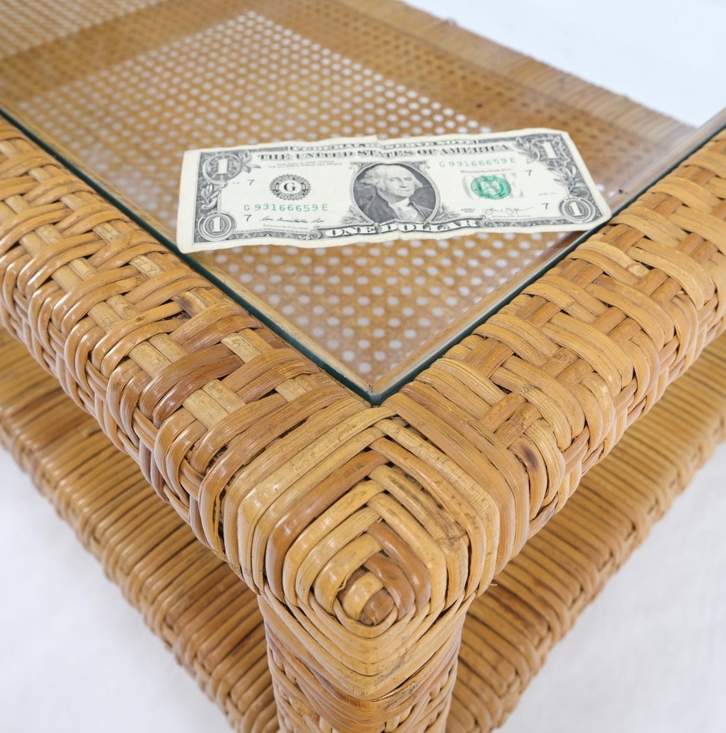 EstablishedLines Rectangle Rattan Cane Shelf Glass Top Mid-Century Modern Coffee Table Mint!