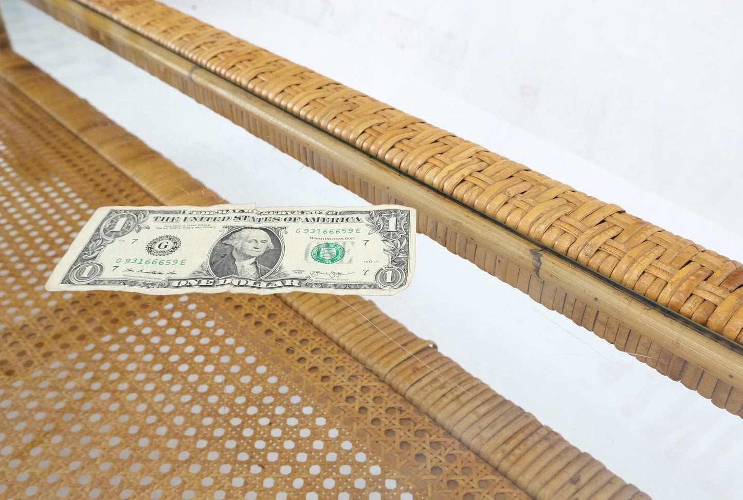 EstablishedLines Rectangle Rattan Cane Shelf Glass Top Mid-Century Modern Coffee Table Mint!