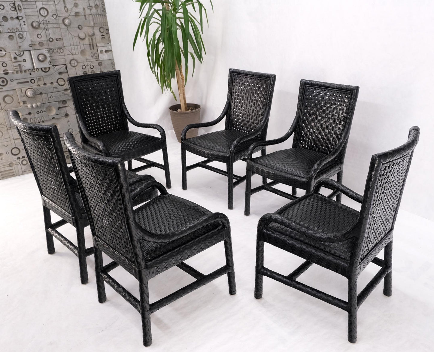 EstablishedLines Unusual Set of 6 Black Leather Strap Weaved Dining Arm Chairs Mid Century Moder