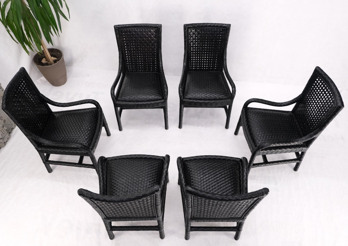 EstablishedLines Unusual Set of 6 Black Leather Strap Weaved Dining Arm Chairs Mid Century Moder