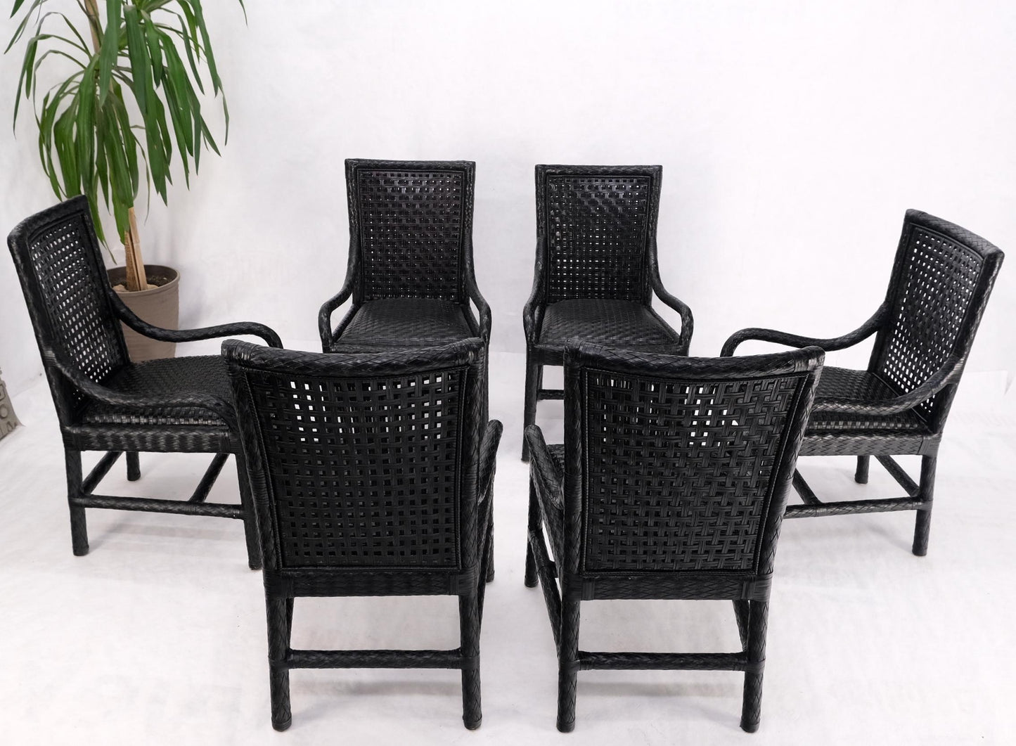 EstablishedLines Unusual Set of 6 Black Leather Strap Weaved Dining Arm Chairs Mid Century Moder