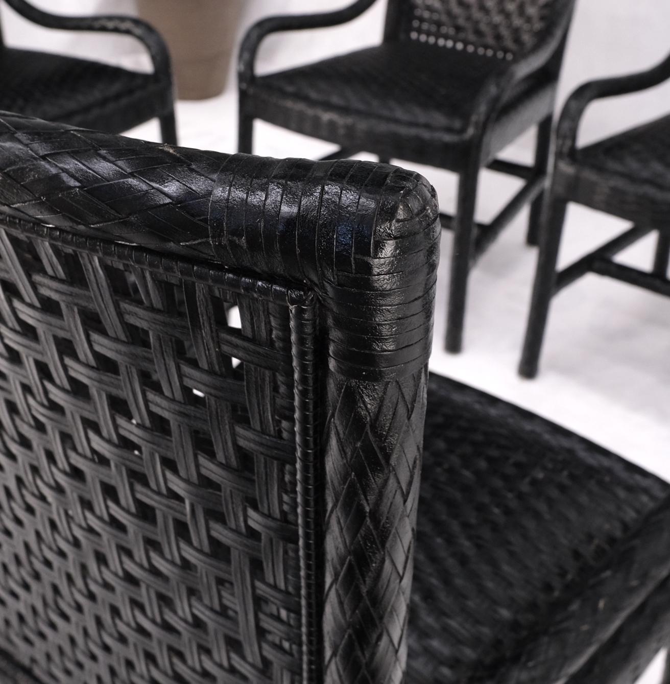 EstablishedLines Unusual Set of 6 Black Leather Strap Weaved Dining Arm Chairs Mid Century Moder