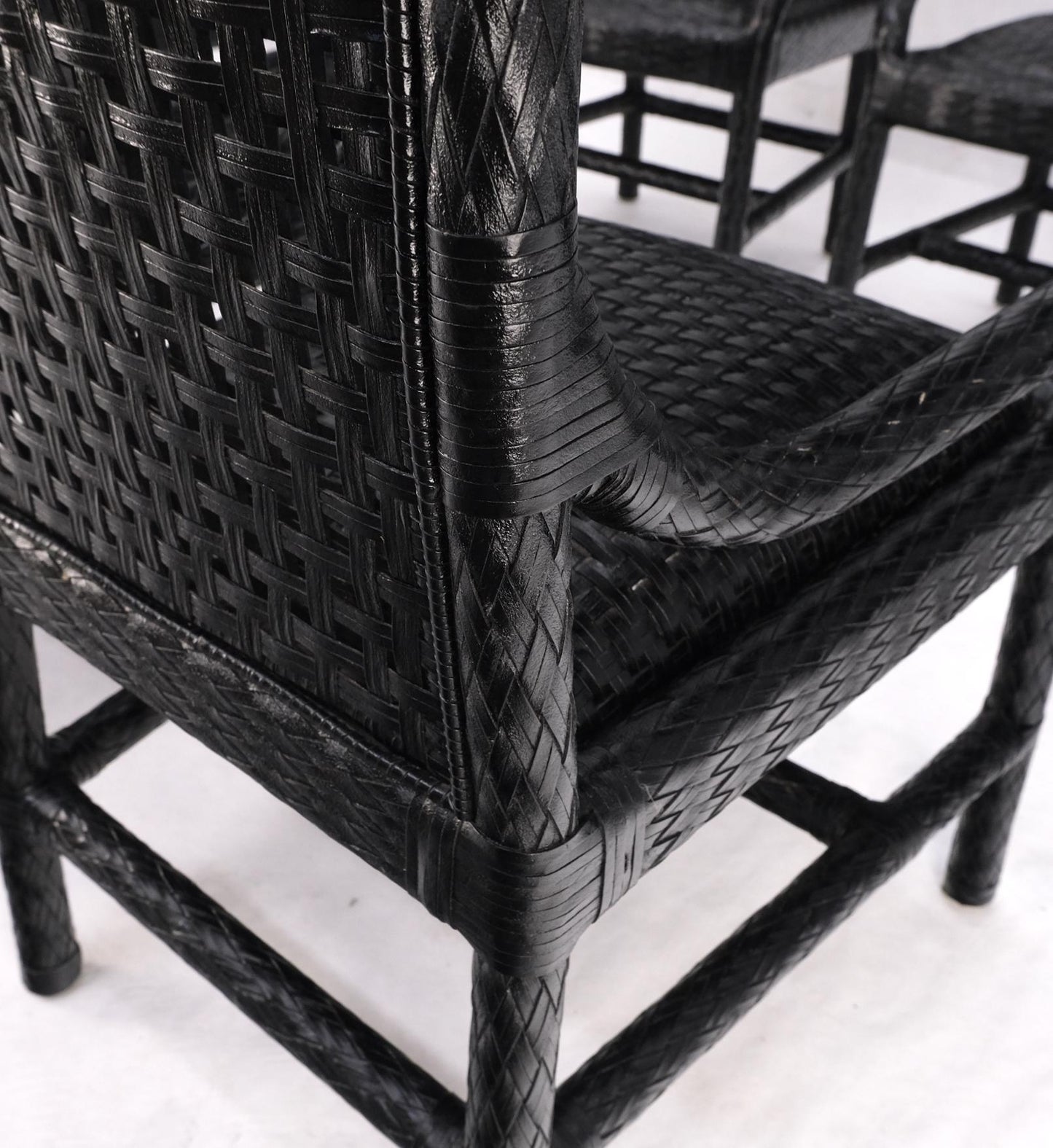 EstablishedLines Unusual Set of 6 Black Leather Strap Weaved Dining Arm Chairs Mid Century Moder