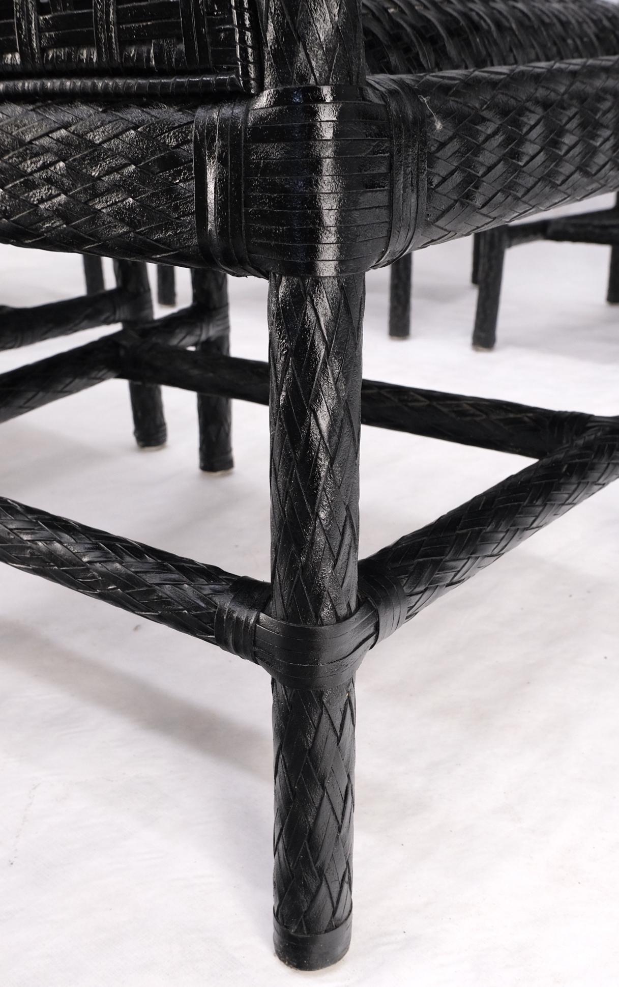 EstablishedLines Unusual Set of 6 Black Leather Strap Weaved Dining Arm Chairs Mid Century Moder