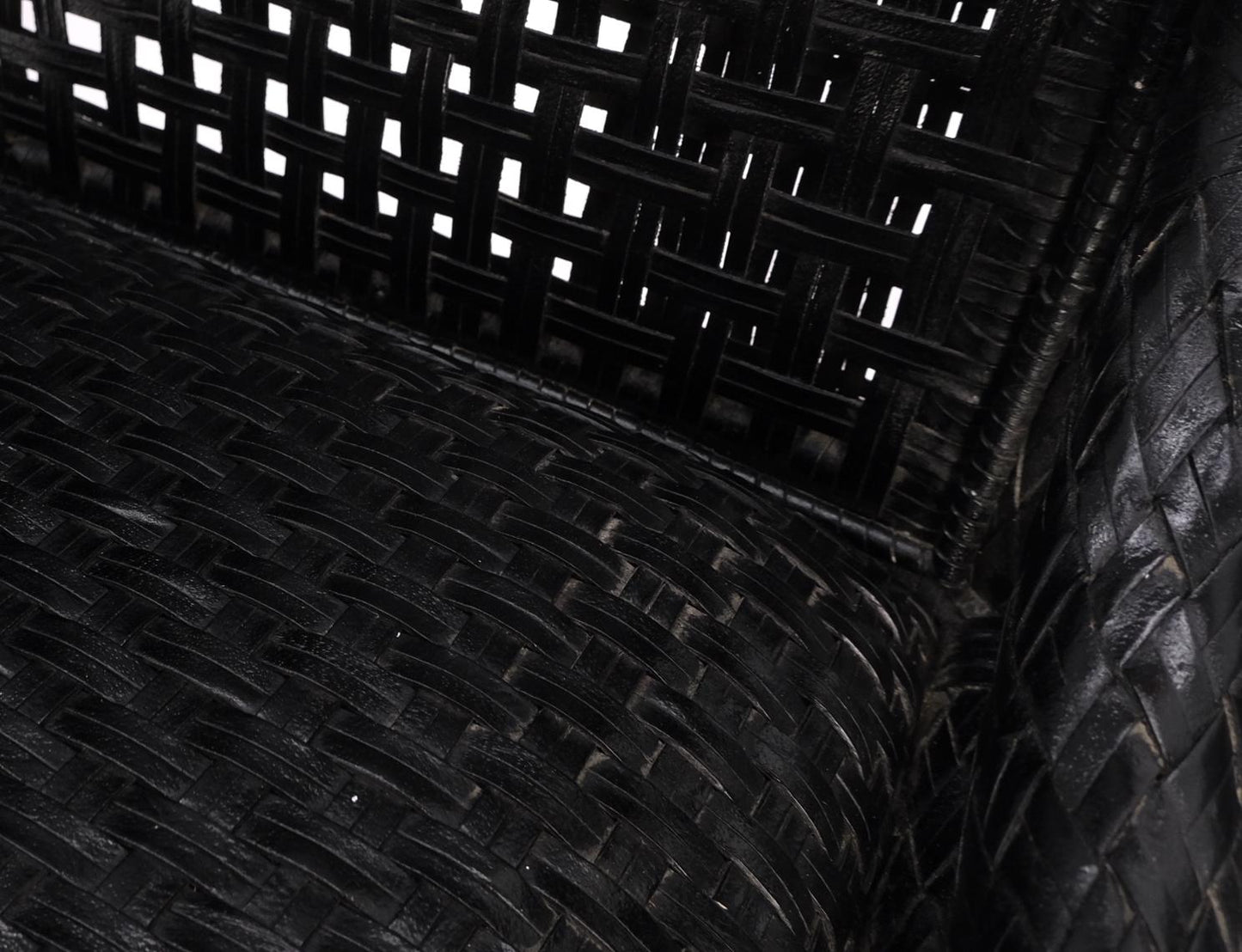 EstablishedLines Unusual Set of 6 Black Leather Strap Weaved Dining Arm Chairs Mid Century Moder