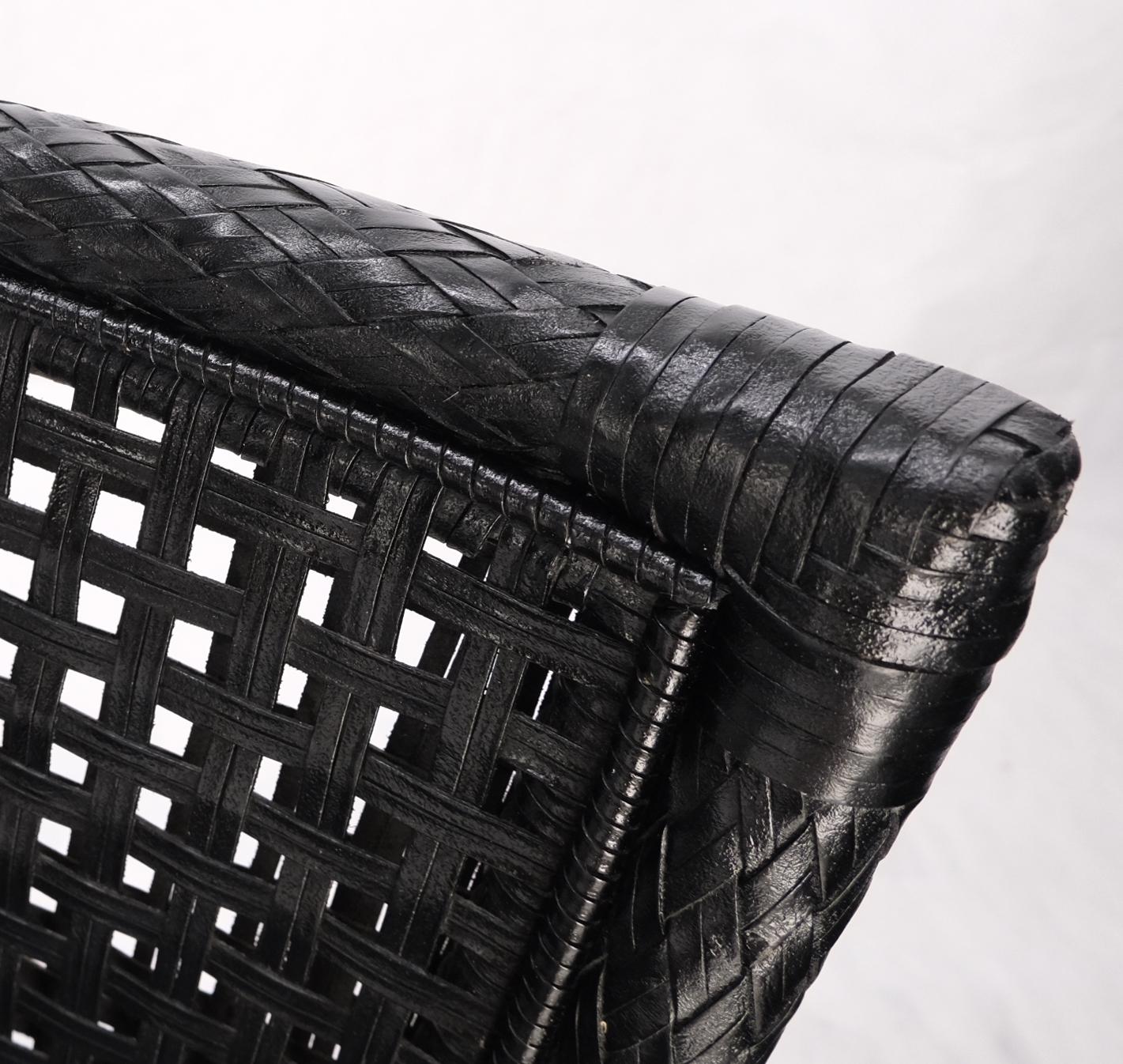 EstablishedLines Unusual Set of 6 Black Leather Strap Weaved Dining Arm Chairs Mid Century Moder