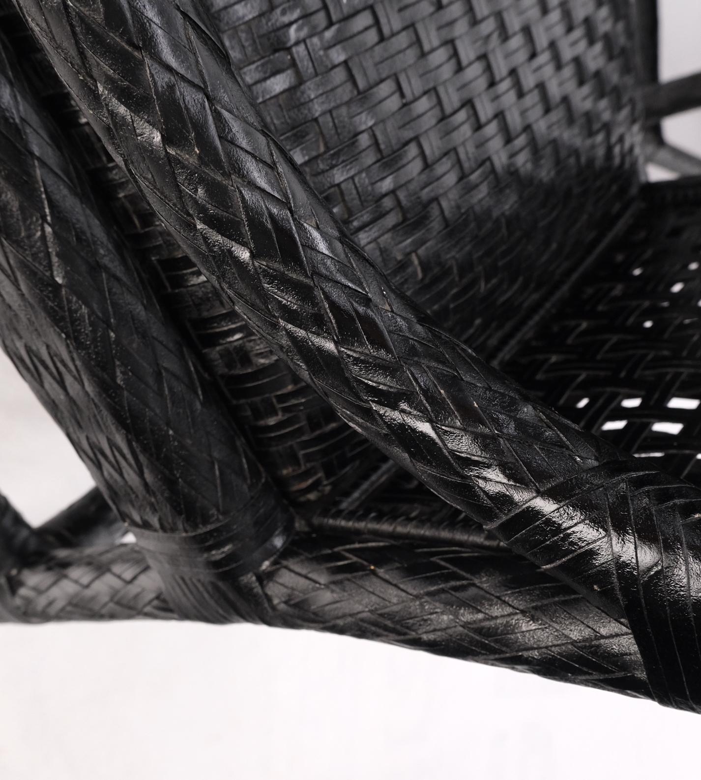 EstablishedLines Unusual Set of 6 Black Leather Strap Weaved Dining Arm Chairs Mid Century Moder