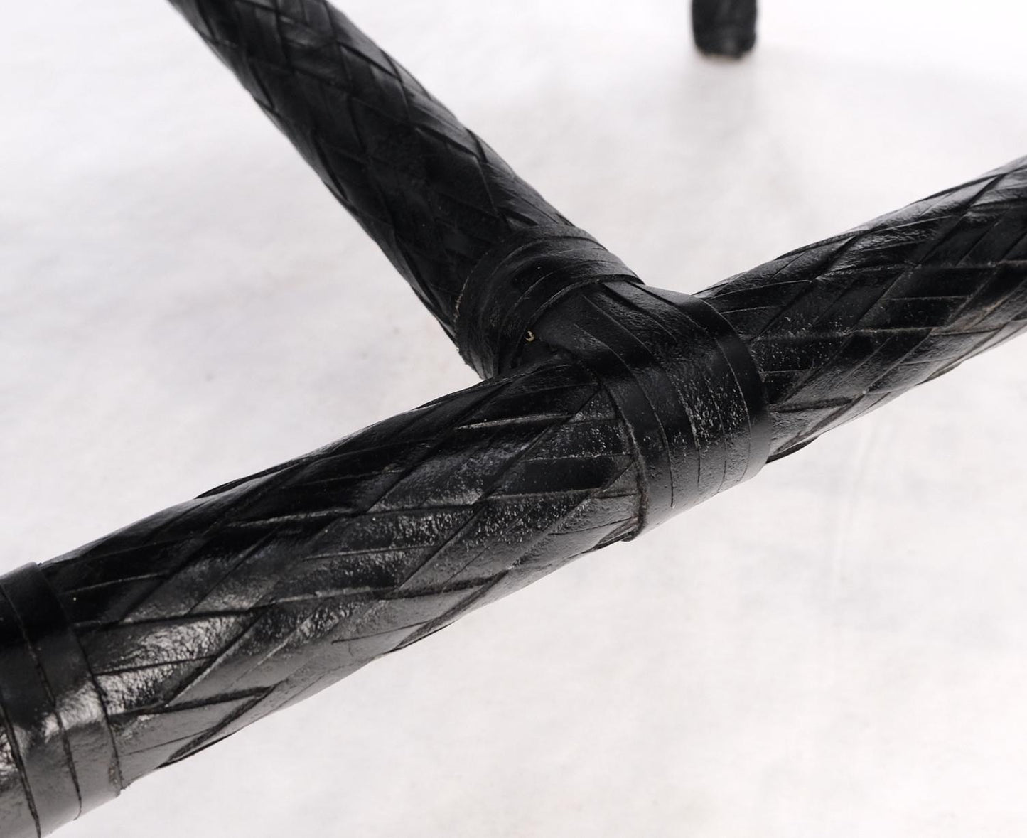 EstablishedLines Unusual Set of 6 Black Leather Strap Weaved Dining Arm Chairs Mid Century Moder