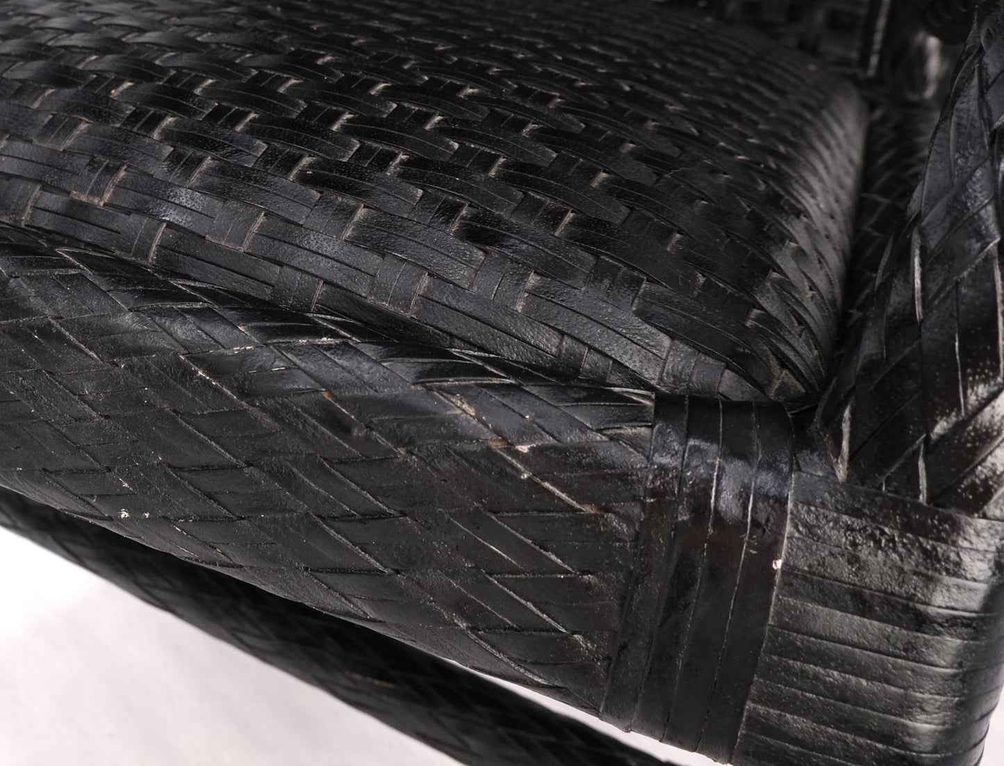 EstablishedLines Unusual Set of 6 Black Leather Strap Weaved Dining Arm Chairs Mid Century Moder