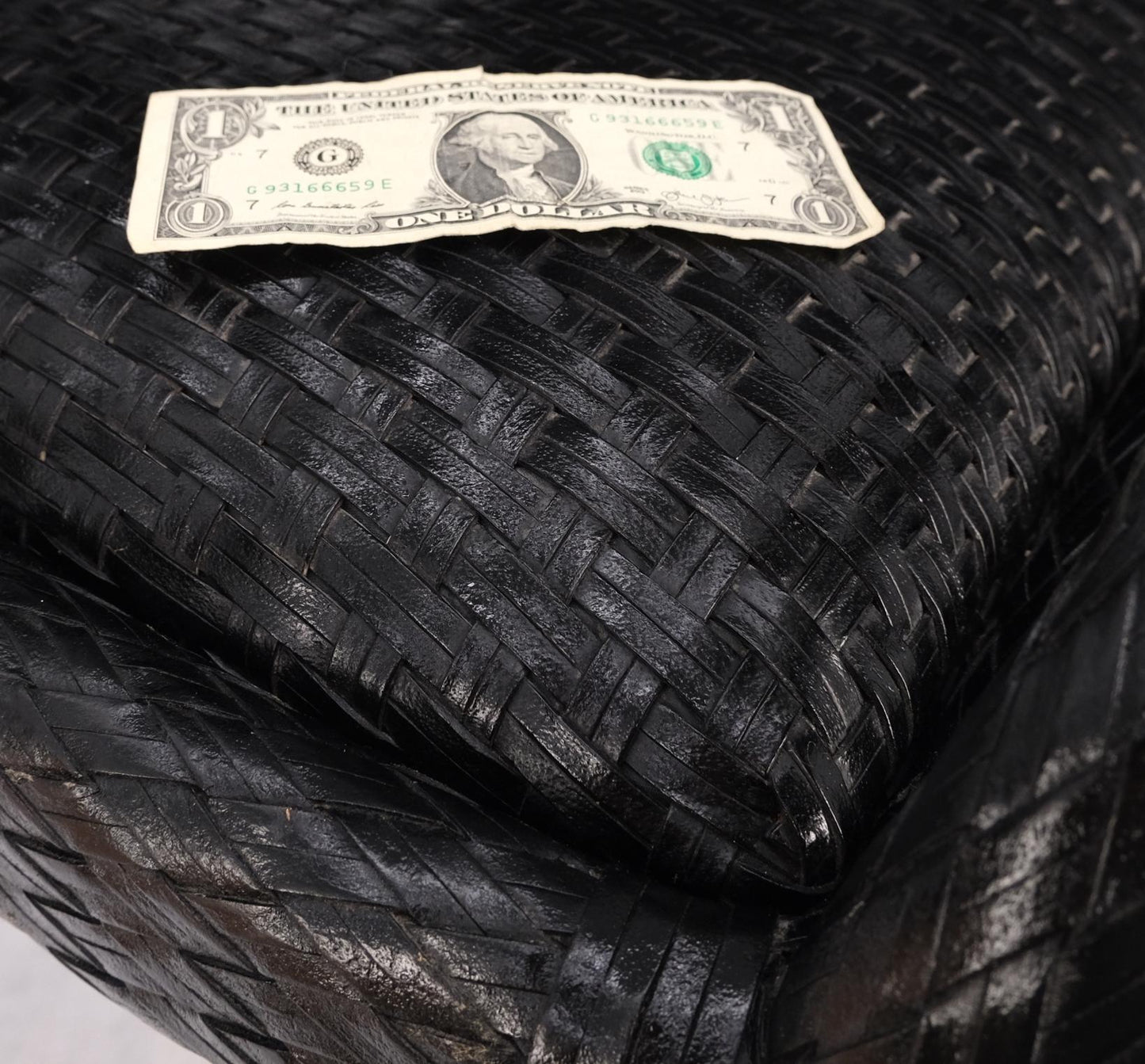 EstablishedLines Unusual Set of 6 Black Leather Strap Weaved Dining Arm Chairs Mid Century Moder