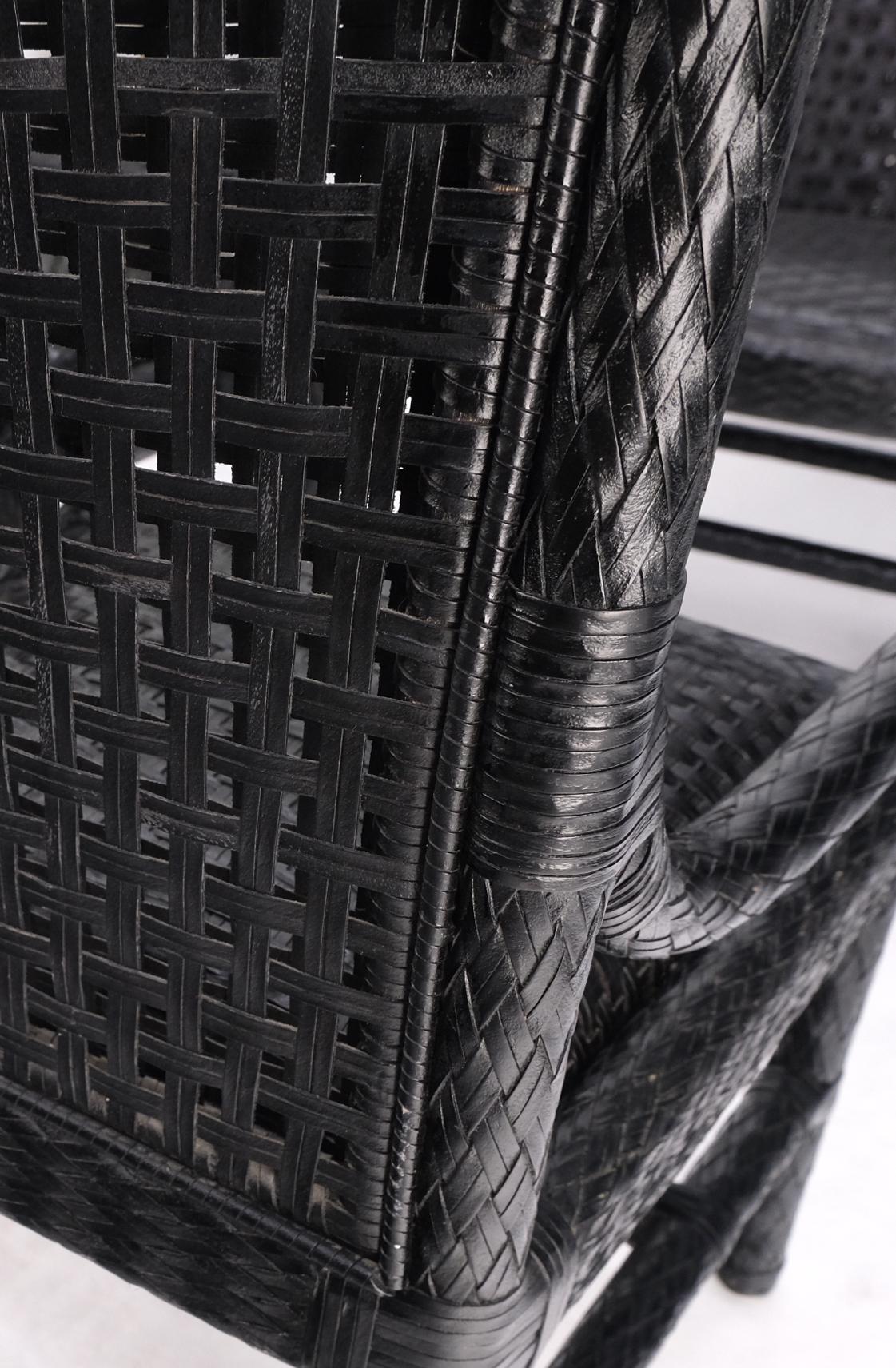 EstablishedLines Unusual Set of 6 Black Leather Strap Weaved Dining Arm Chairs Mid Century Moder