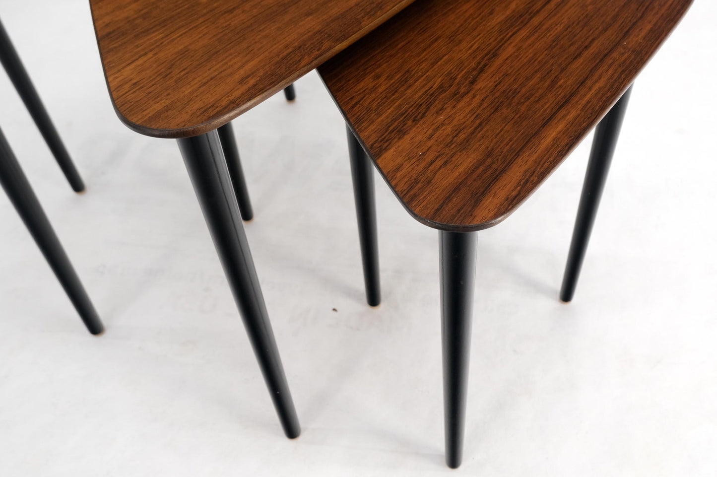 EstablishedLines Set of Three Italian Rosewood Mid Century Modern Dowel Leg Nesting Tables