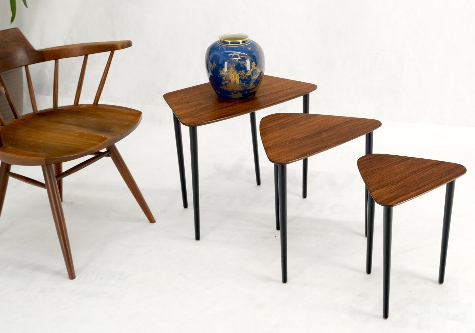 EstablishedLines Set of Three Italian Rosewood Mid Century Modern Dowel Leg Nesting Tables