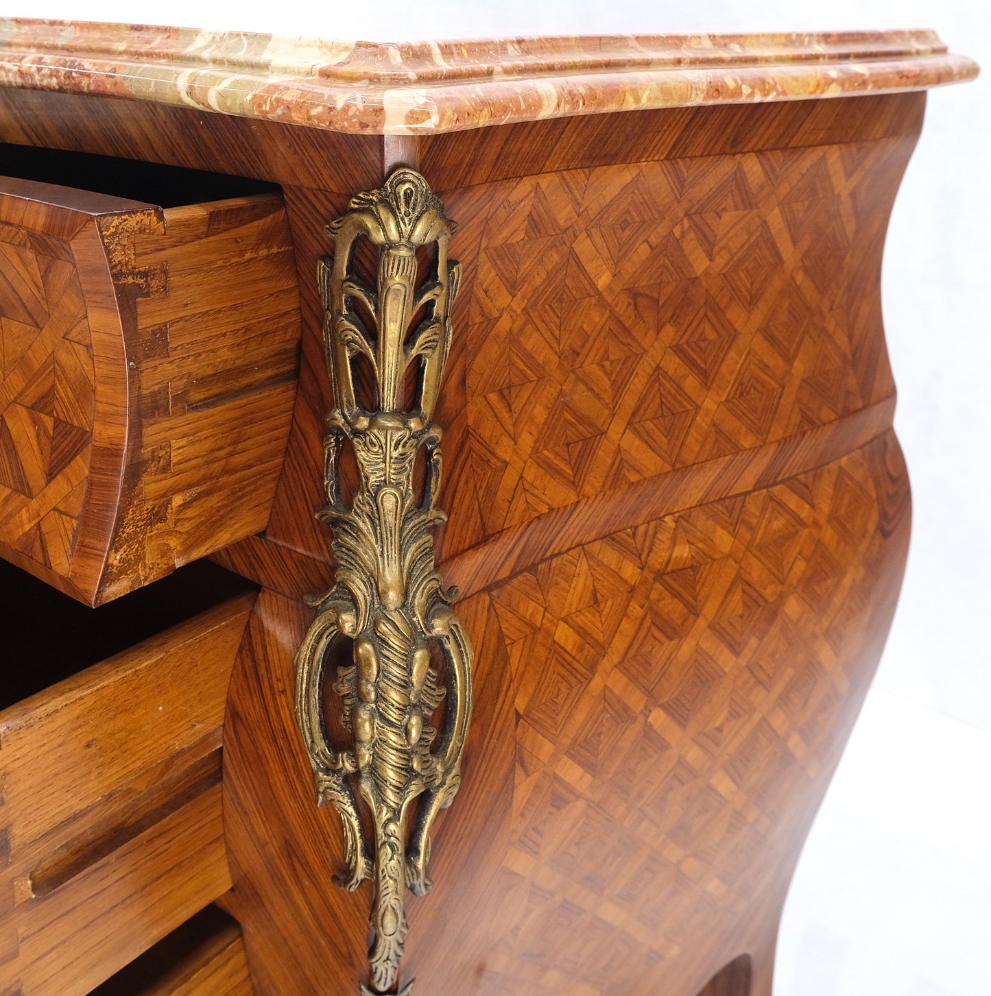 EstablishedLines Bombe Bronze Ormolu Marble Top French Satinwood Louis XV 3 Drawers Dresser MINT!