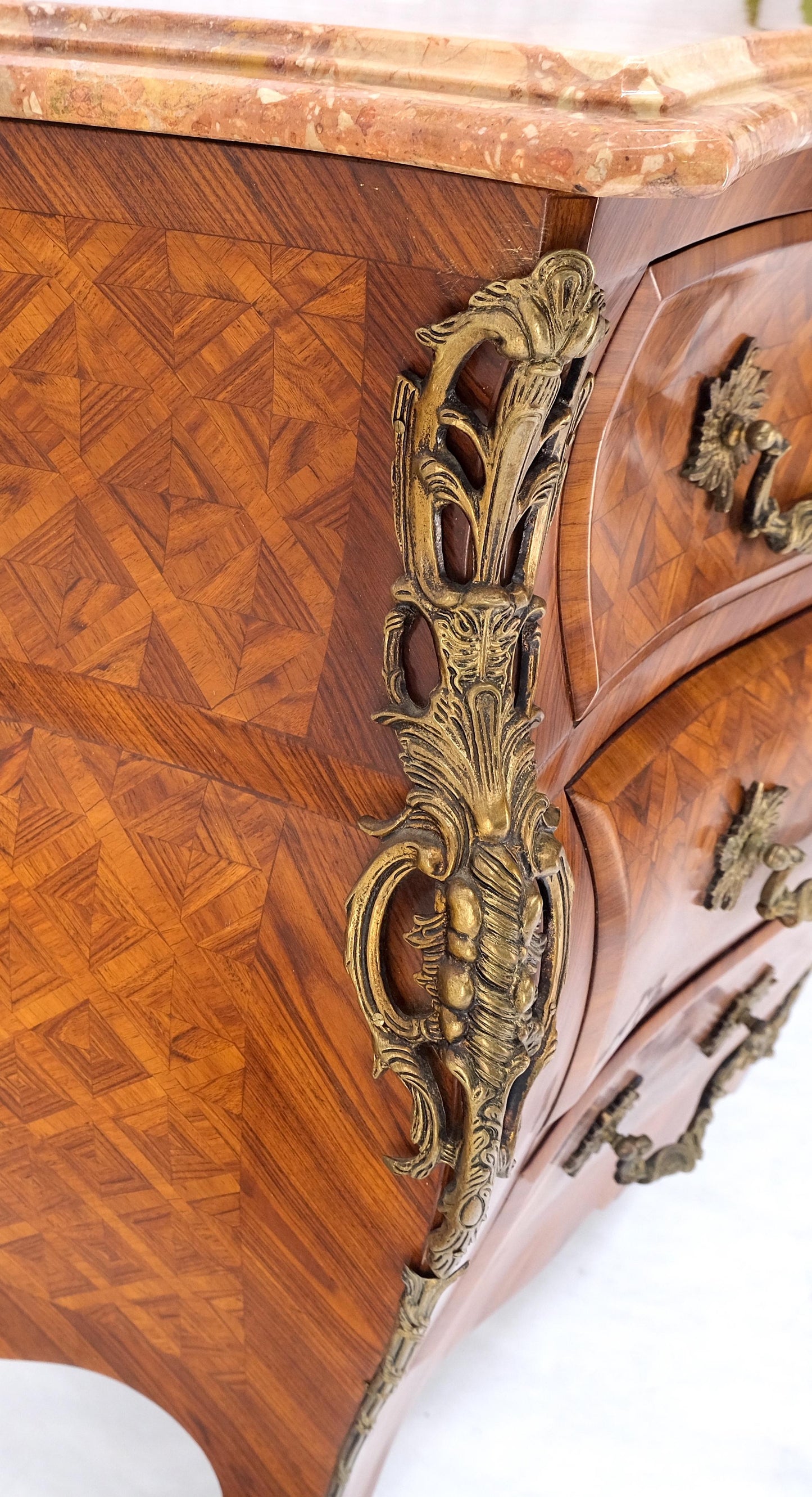 EstablishedLines Bombe Bronze Ormolu Marble Top French Satinwood Louis XV 3 Drawers Dresser MINT!