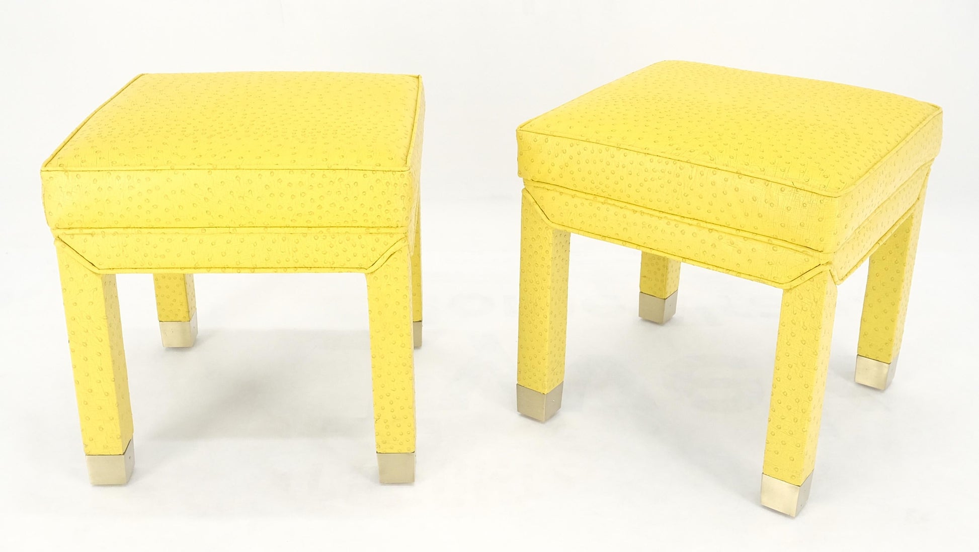 EstablishedLines Pair of Lemon Yellow Faux Ostrich Skin Leather Square Window Hall Benches MINT!