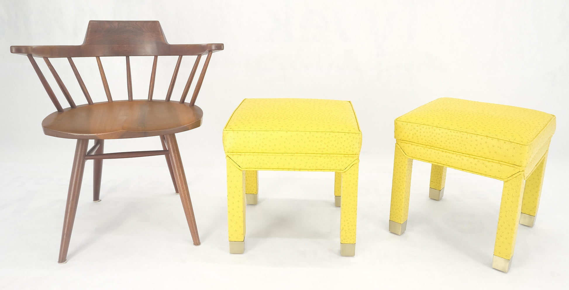 EstablishedLines Pair of Lemon Yellow Faux Ostrich Skin Leather Square Window Hall Benches MINT!