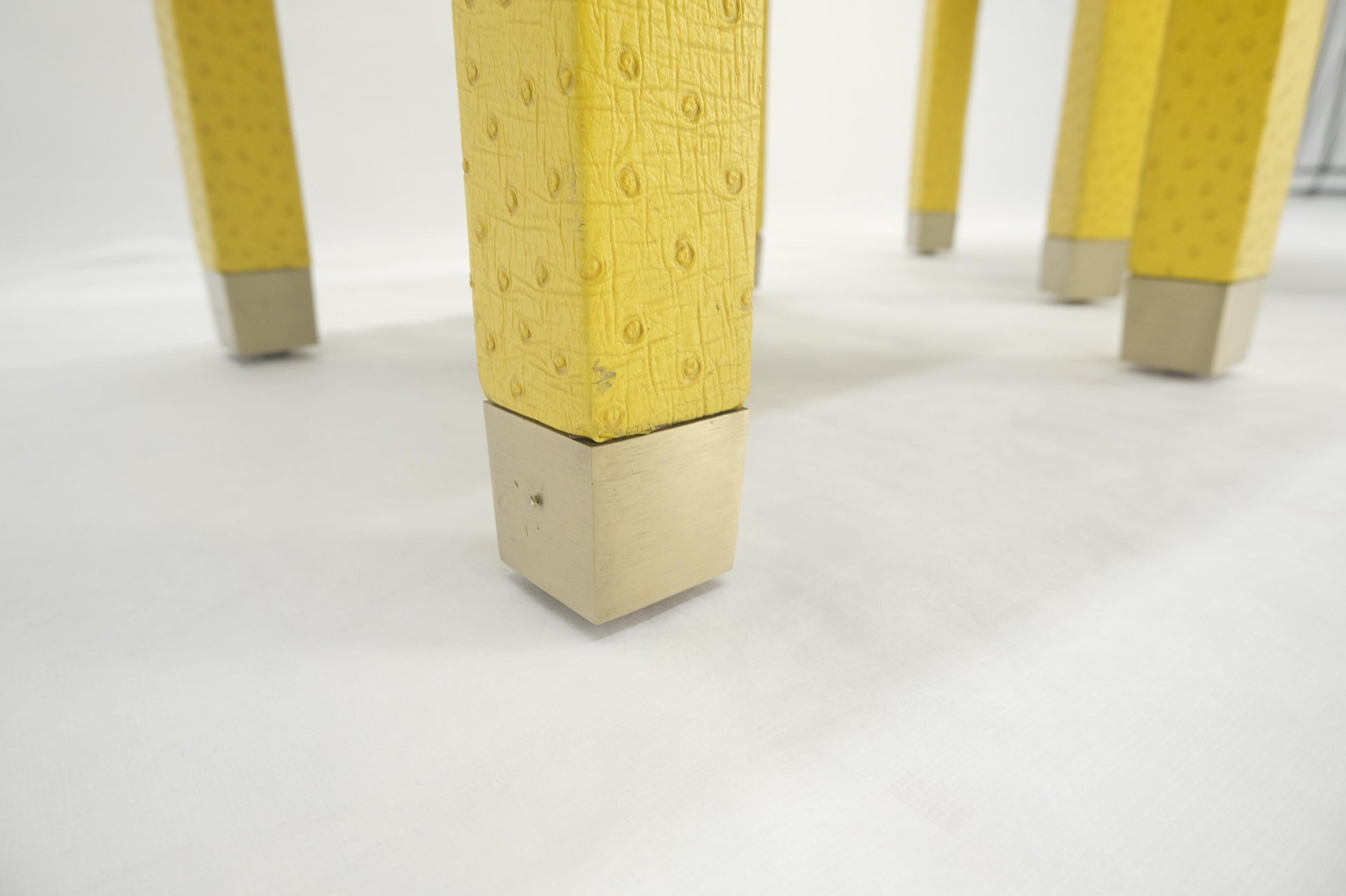 EstablishedLines Pair of Lemon Yellow Faux Ostrich Skin Leather Square Window Hall Benches MINT!