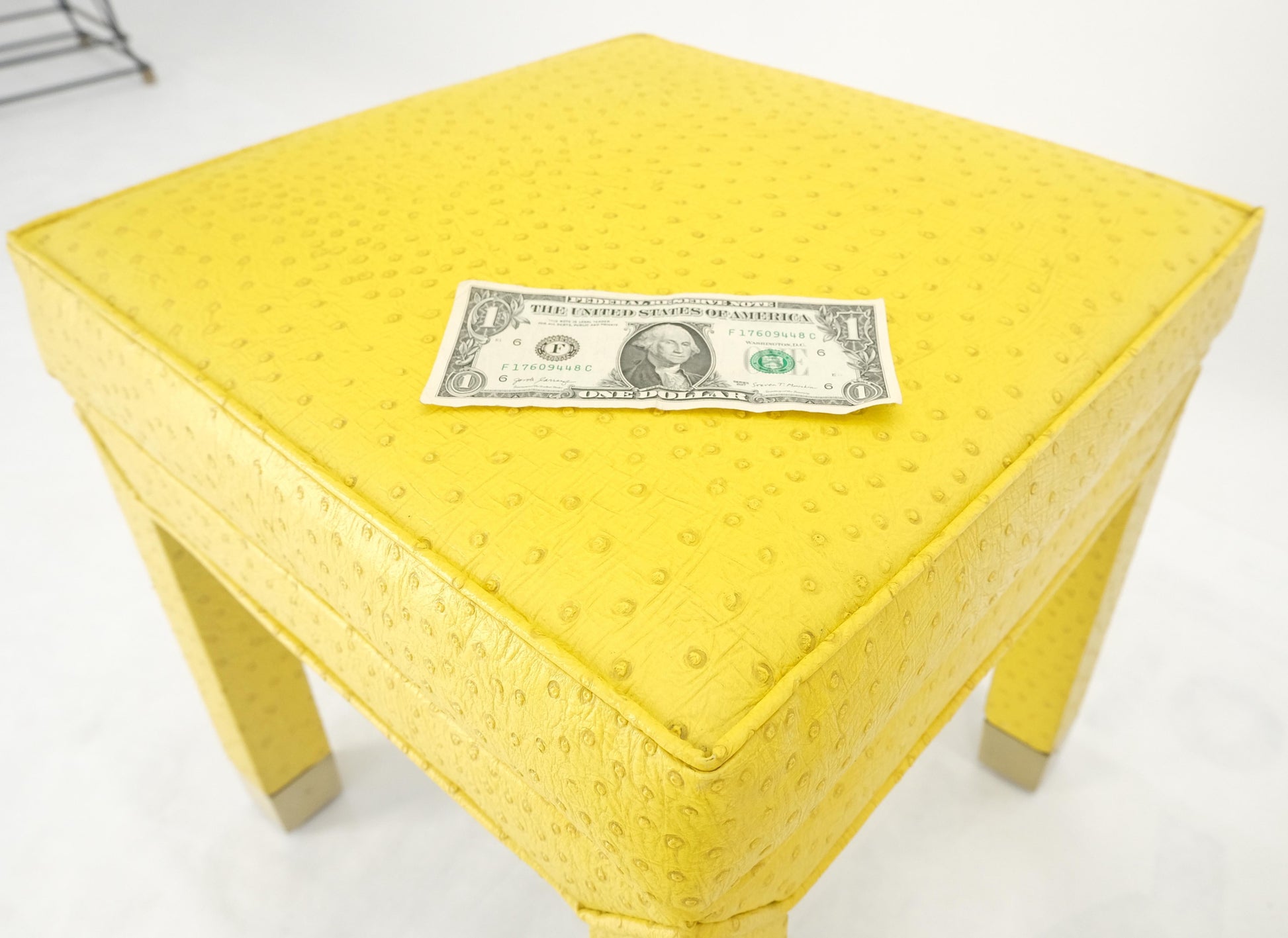 EstablishedLines Pair of Lemon Yellow Faux Ostrich Skin Leather Square Window Hall Benches MINT!
