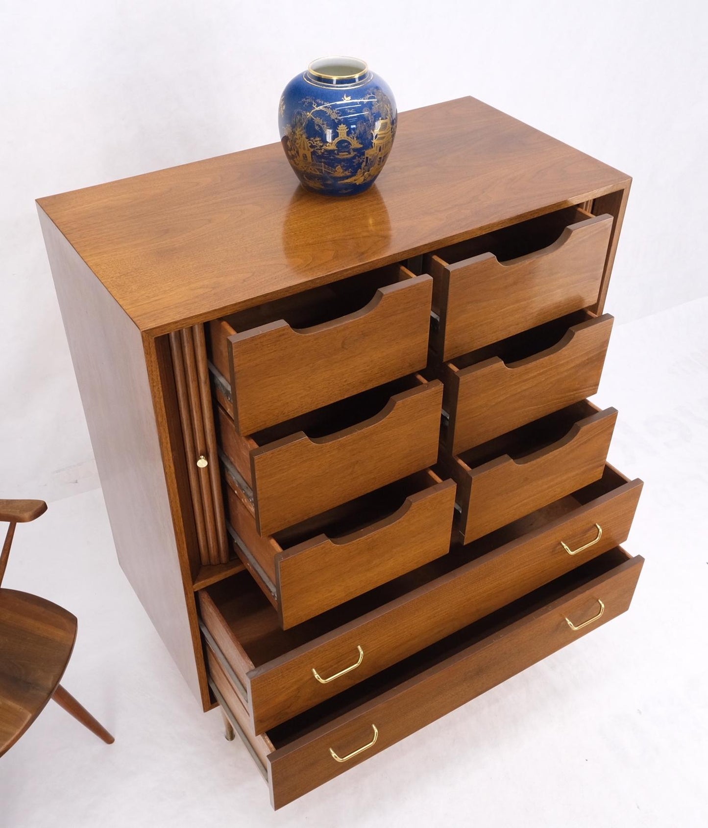 EstablishedLines Walnut Tambour Doors Brass Hardware Serpentine Front 8 Drawers Dresser MINT!