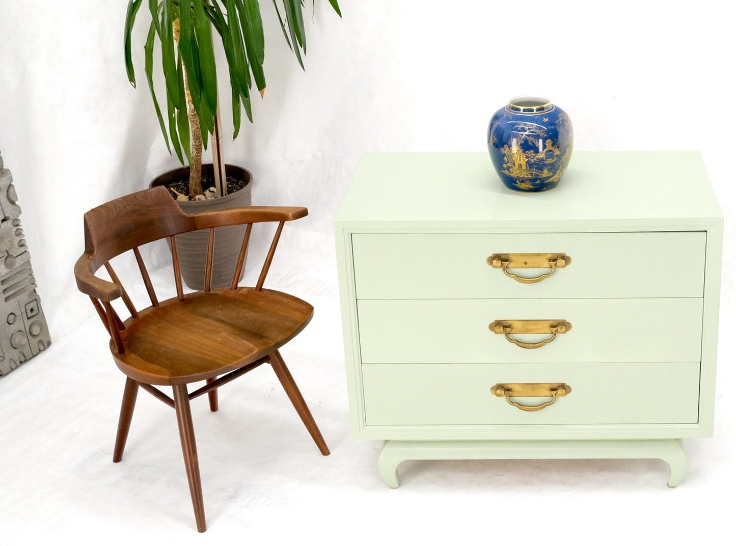 EstablishedLines Light Olive Lacquer Oriental Base Legs 3 Drawer Accent Dresser Bachelor Chest