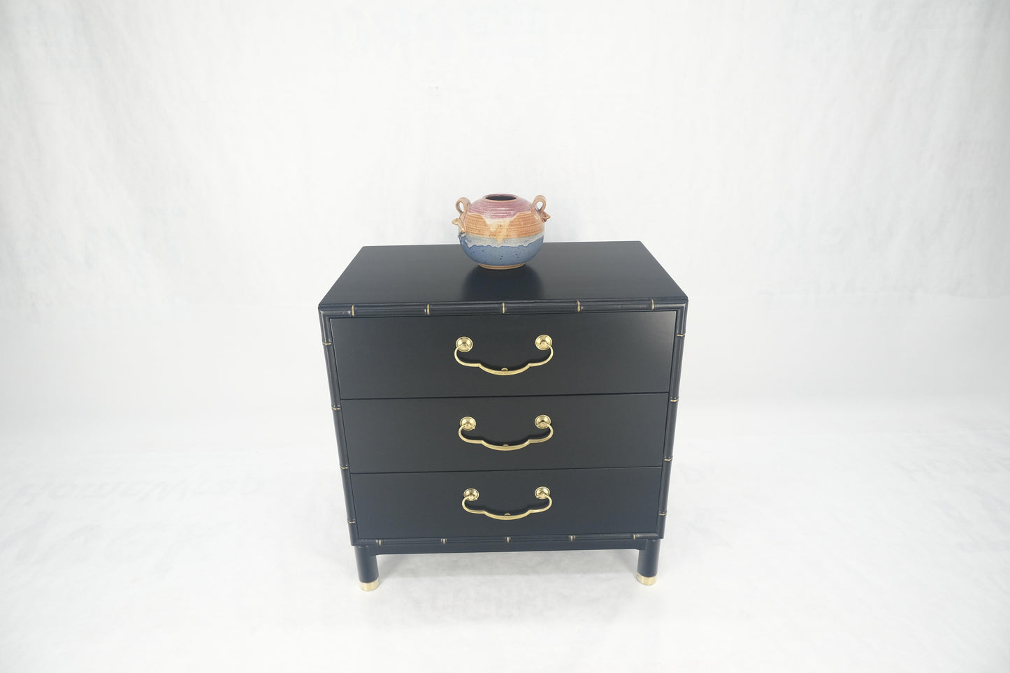 EstablishedLines Black Lacquer Solid Brass Drop Pulls Faux Bamboo 3 Drawer Bachelor Chest Dresser