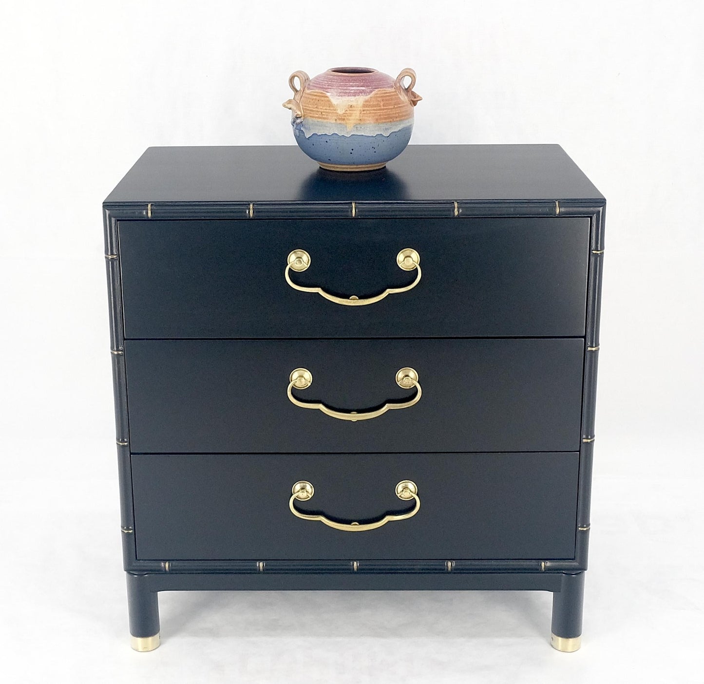 EstablishedLines Black Lacquer Solid Brass Drop Pulls Faux Bamboo 3 Drawer Bachelor Chest Dresser