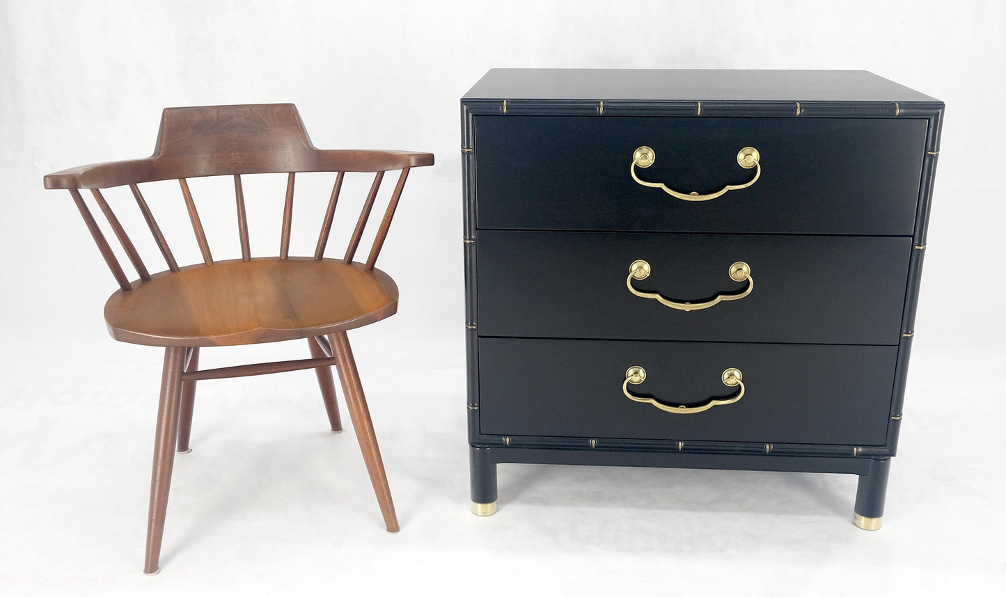 EstablishedLines Black Lacquer Solid Brass Drop Pulls Faux Bamboo 3 Drawer Bachelor Chest Dresser