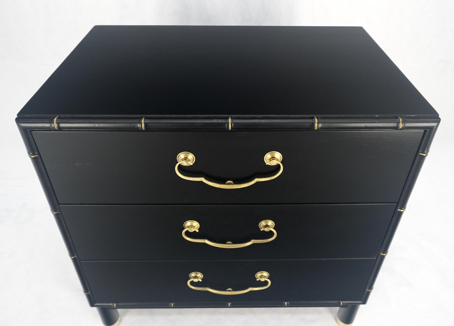 EstablishedLines Black Lacquer Solid Brass Drop Pulls Faux Bamboo 3 Drawer Bachelor Chest Dresser
