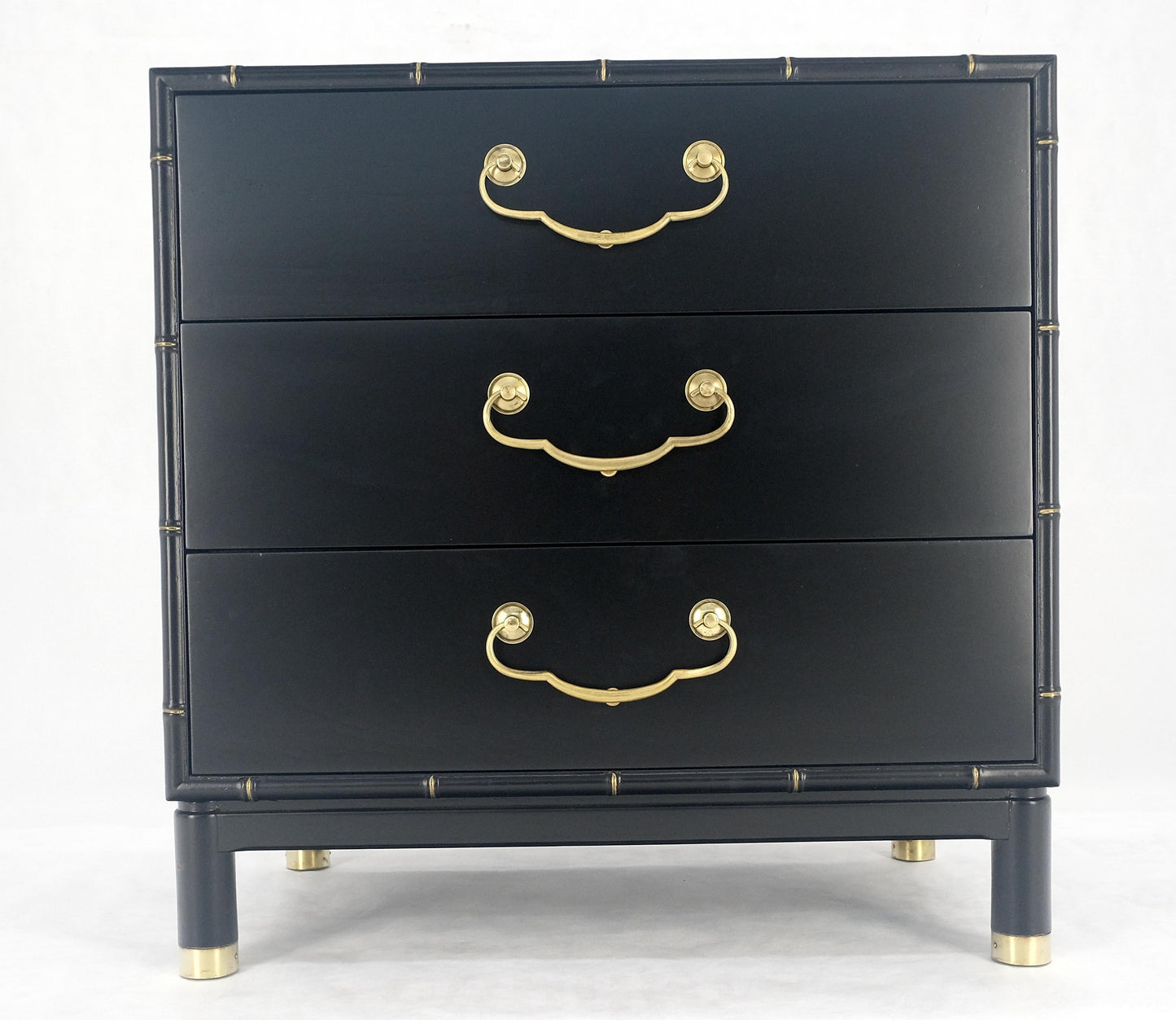 EstablishedLines Black Lacquer Solid Brass Drop Pulls Faux Bamboo 3 Drawer Bachelor Chest Dresser