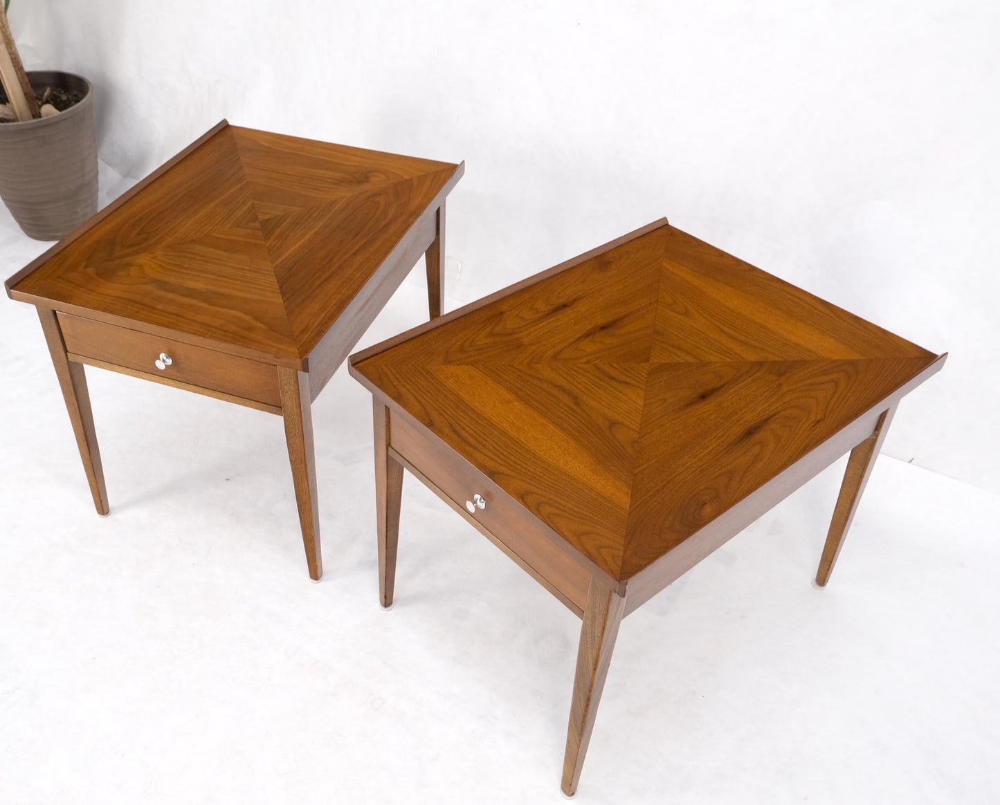 EstablishedLines Pair of Walnut Rolled Edges Square One Drawer Tapered Legs End Side Tables Stand