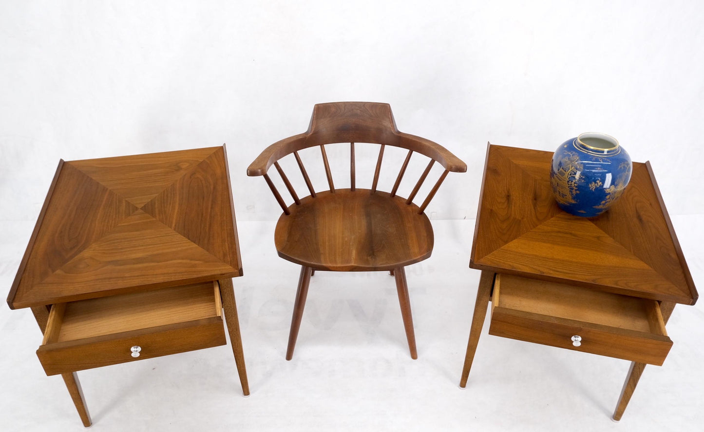 EstablishedLines Pair of Walnut Rolled Edges Square One Drawer Tapered Legs End Side Tables Stand