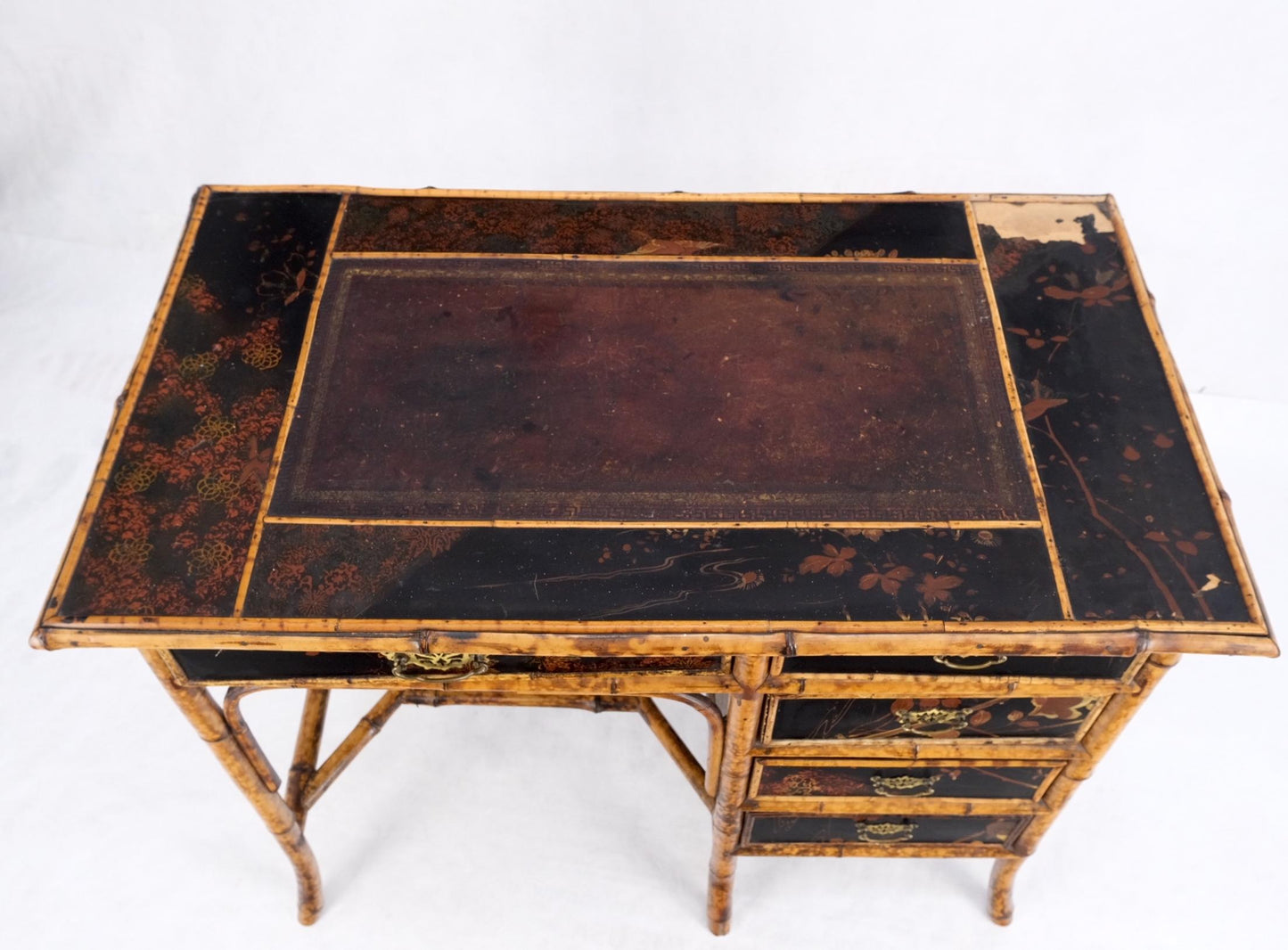 EstablishedLines Antique Asian Oriental japaneese Burned Bamboo Hand Painted Decorated Desk Table