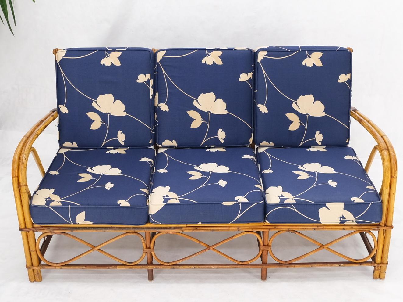 EstablishedLines Split Reed Wicker Rattan Bamboo 3 Seater Sofa Blue & White Cushions