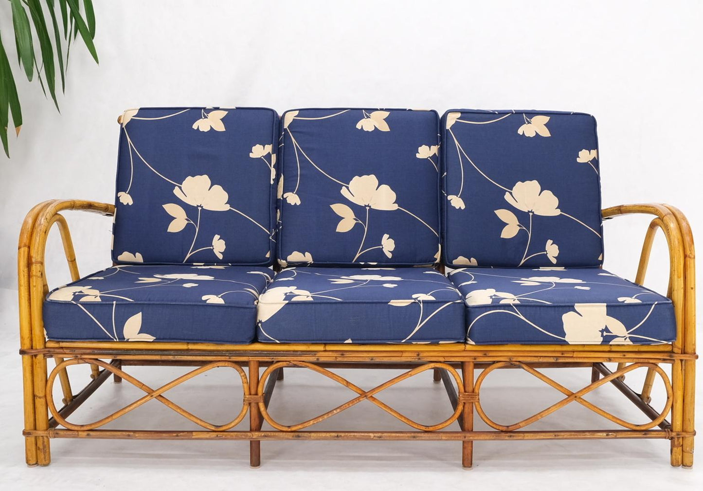 EstablishedLines Split Reed Wicker Rattan Bamboo 3 Seater Sofa Blue & White Cushions