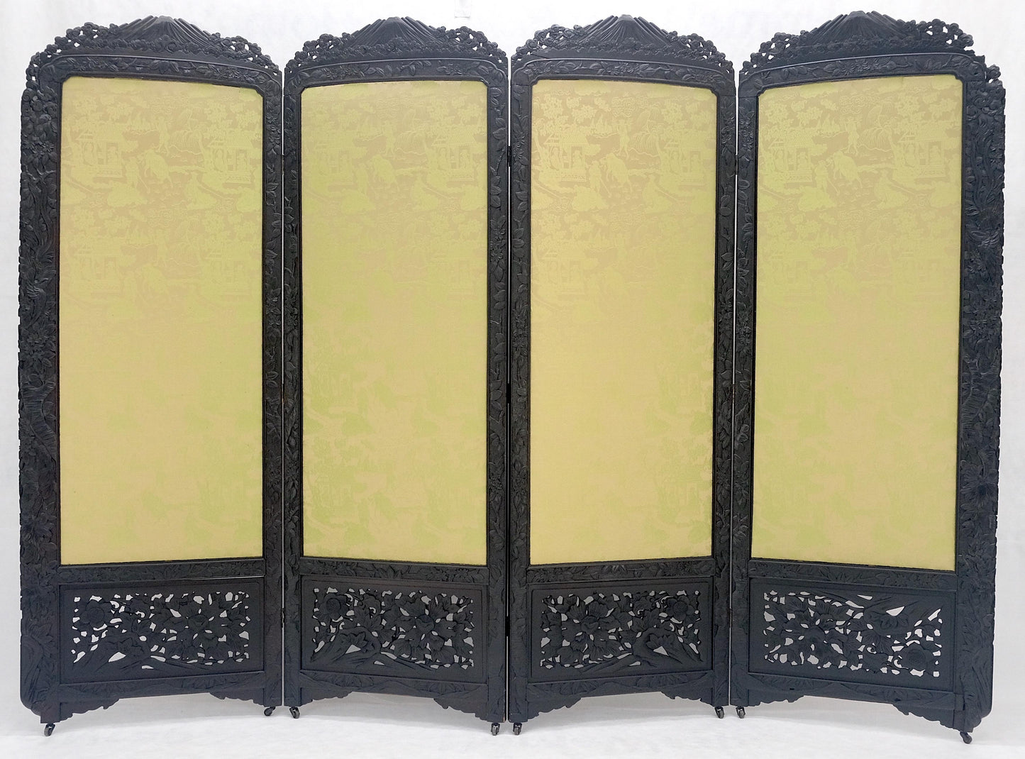 EstablishedLines Ebonised Teak & Silk Fine Carved Japanese Asian 4 Panel Screen Room Divider NICE
