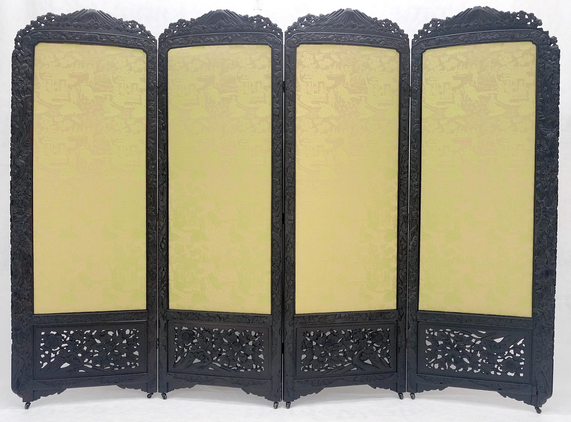 EstablishedLines Ebonised Teak & Silk Fine Carved Japanese Asian 4 Panel Screen Room Divider NICE