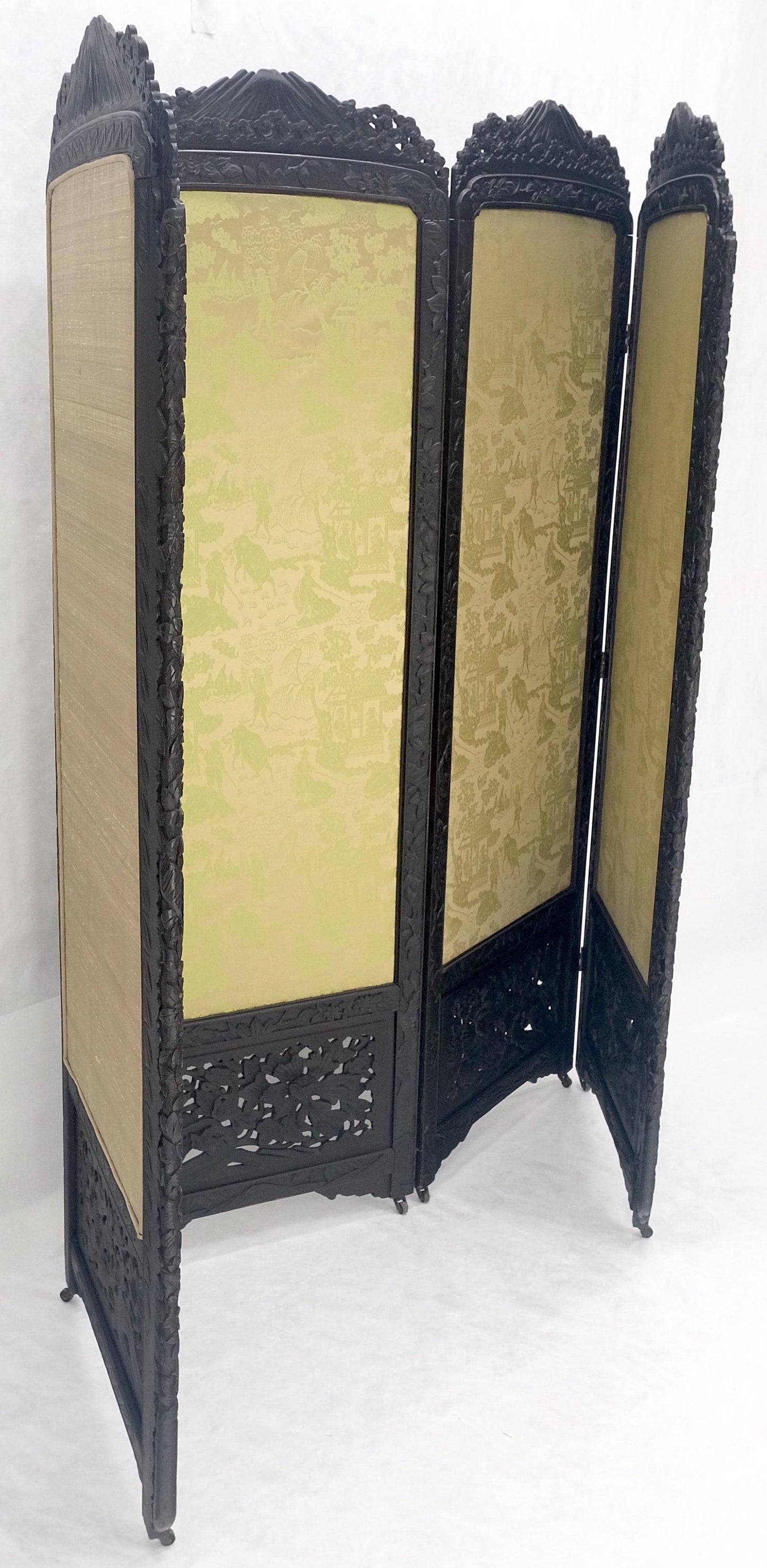 EstablishedLines Ebonised Teak & Silk Fine Carved Japanese Asian 4 Panel Screen Room Divider NICE