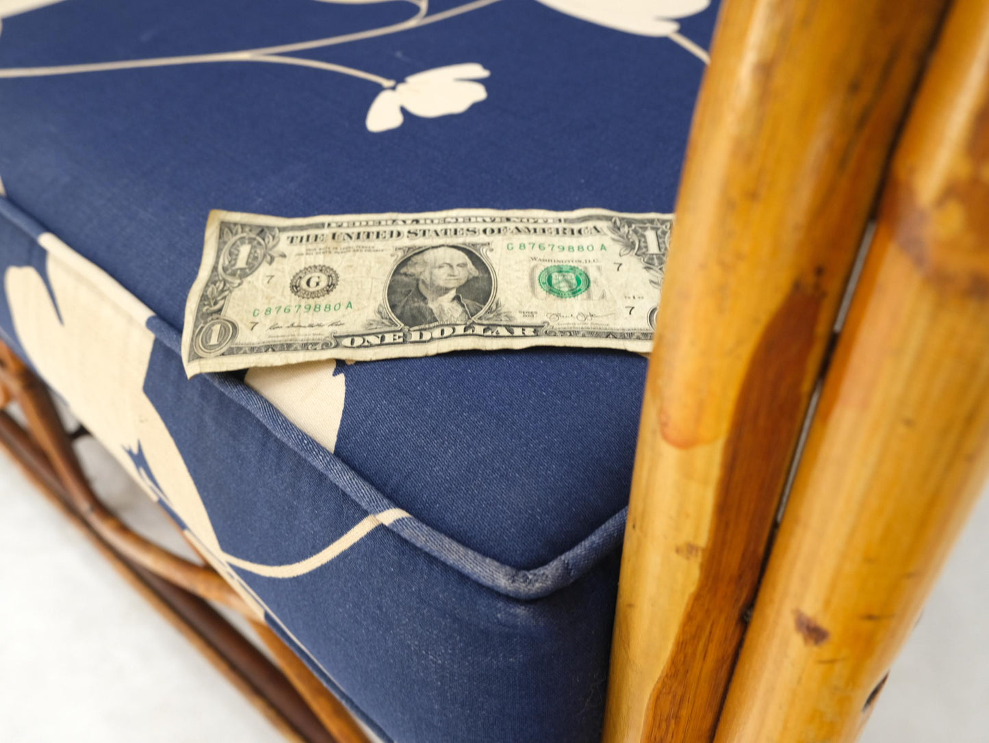 EstablishedLines Split Reed Wicker Rattan Bamboo 3 Seater Sofa Blue & White Cushions