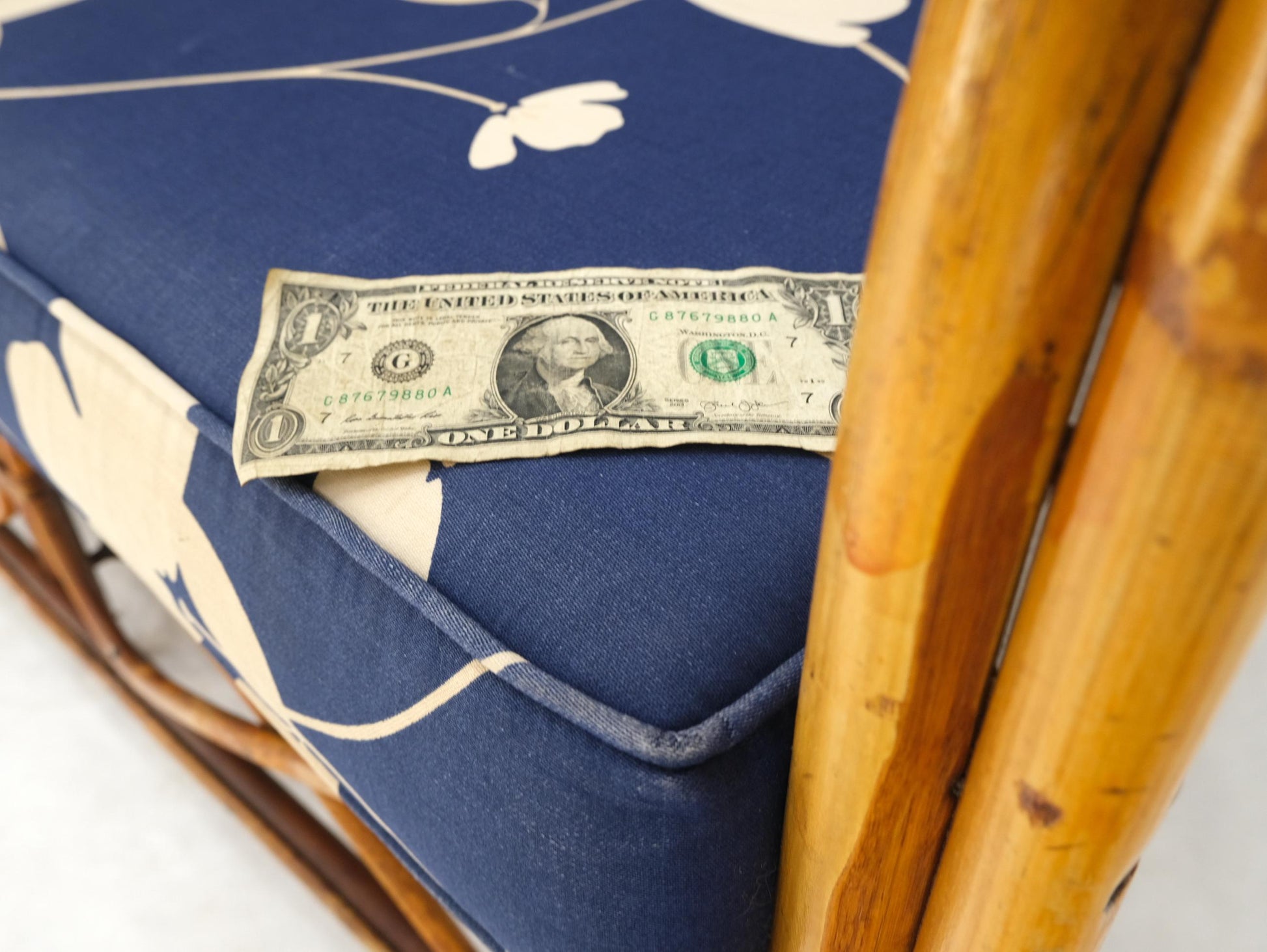 EstablishedLines Split Reed Wicker Rattan Bamboo 3 Seater Sofa Blue & White Cushions