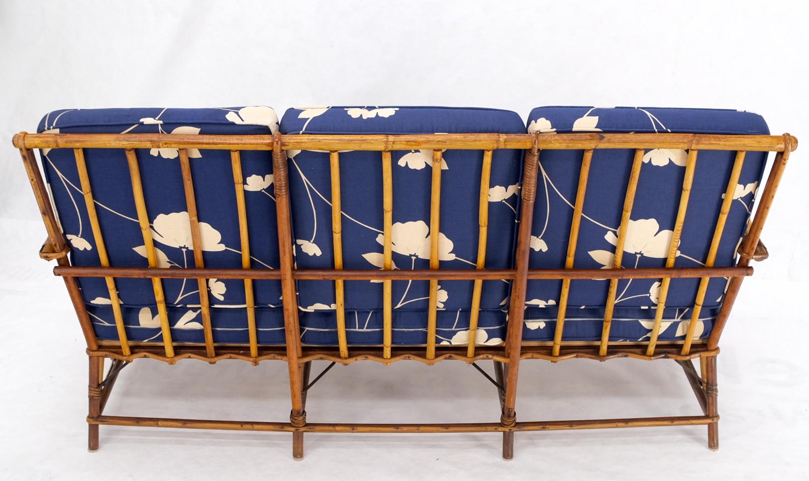 EstablishedLines Split Reed Wicker Rattan Bamboo 3 Seater Sofa Blue & White Cushions