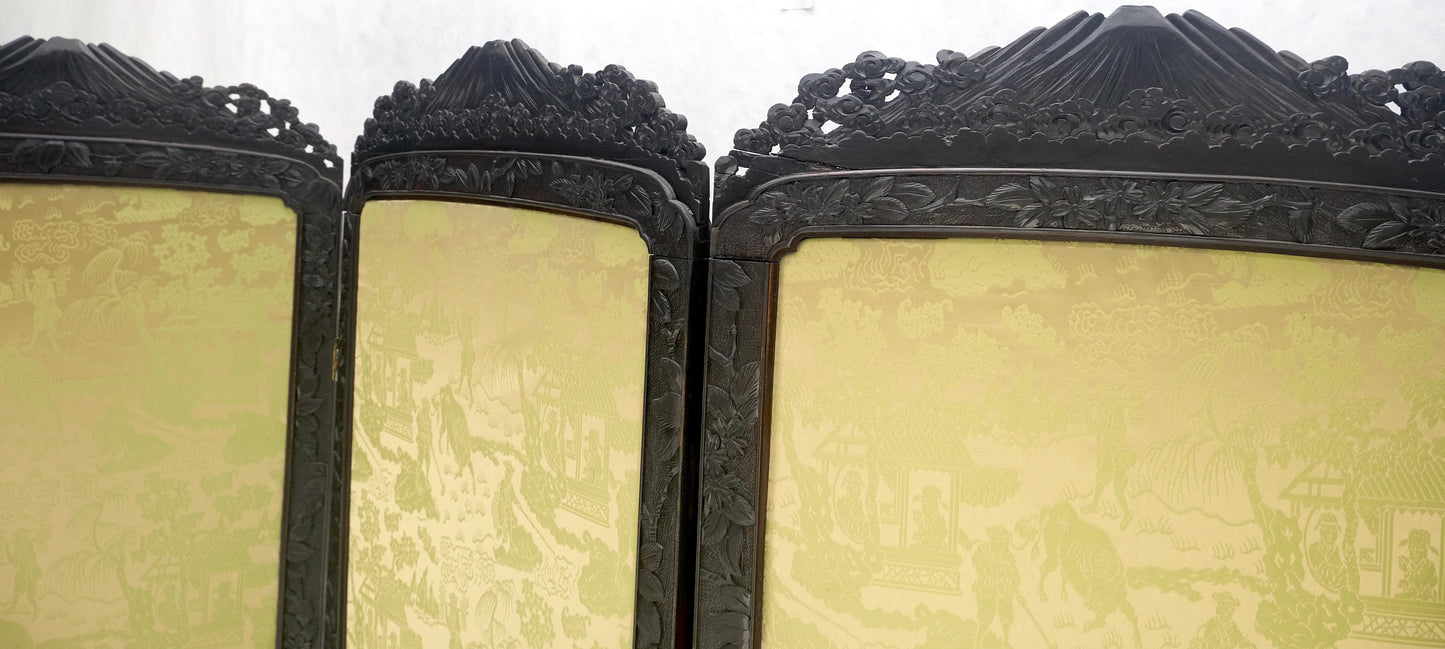 EstablishedLines Ebonised Teak & Silk Fine Carved Japanese Asian 4 Panel Screen Room Divider NICE