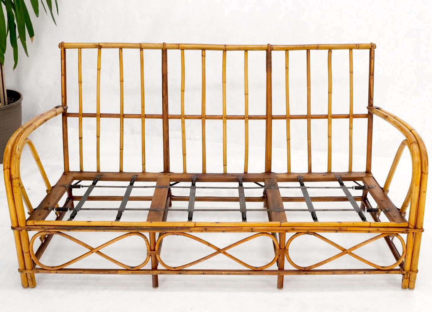 EstablishedLines Split Reed Wicker Rattan Bamboo 3 Seater Sofa Blue & White Cushions