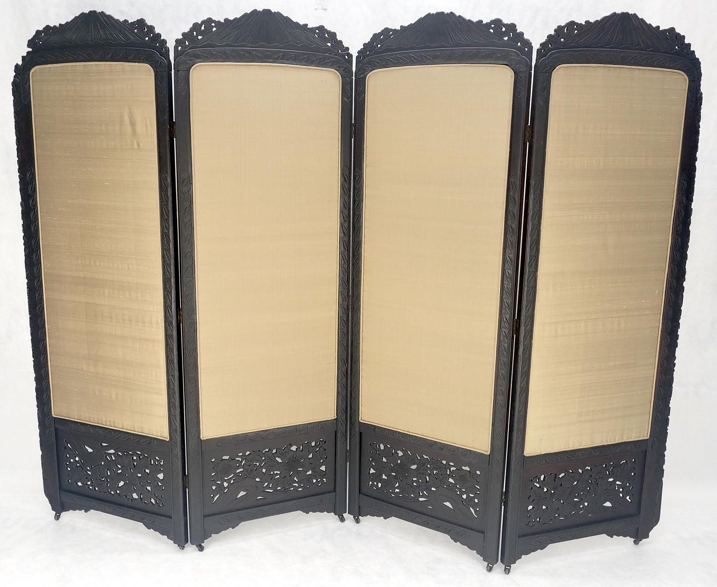 EstablishedLines Ebonised Teak & Silk Fine Carved Japanese Asian 4 Panel Screen Room Divider NICE