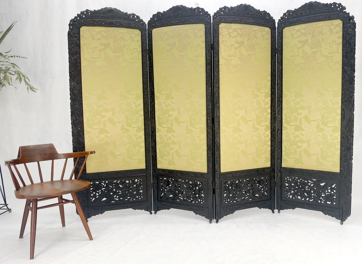 EstablishedLines Ebonised Teak & Silk Fine Carved Japanese Asian 4 Panel Screen Room Divider NICE