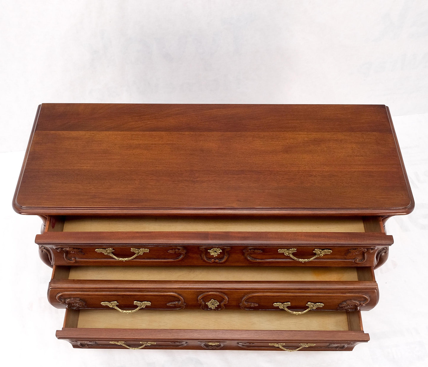 EstablishedLines Bombe Country French Carved Cherry 3 Drawer Dresser Brass Hardware Pulls Mint!